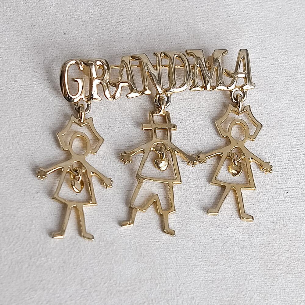 Gold-Tone Grandma Brooch Vintage Family Charms Heart Detail Statement